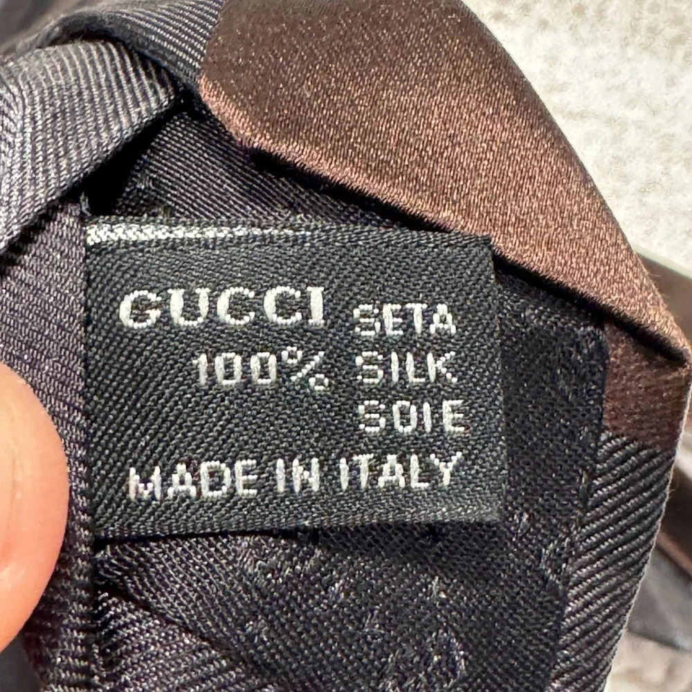 Gucci Tie Black Gray Brown Diagonal Stripe Italy Silk Monogram Designer Grunge